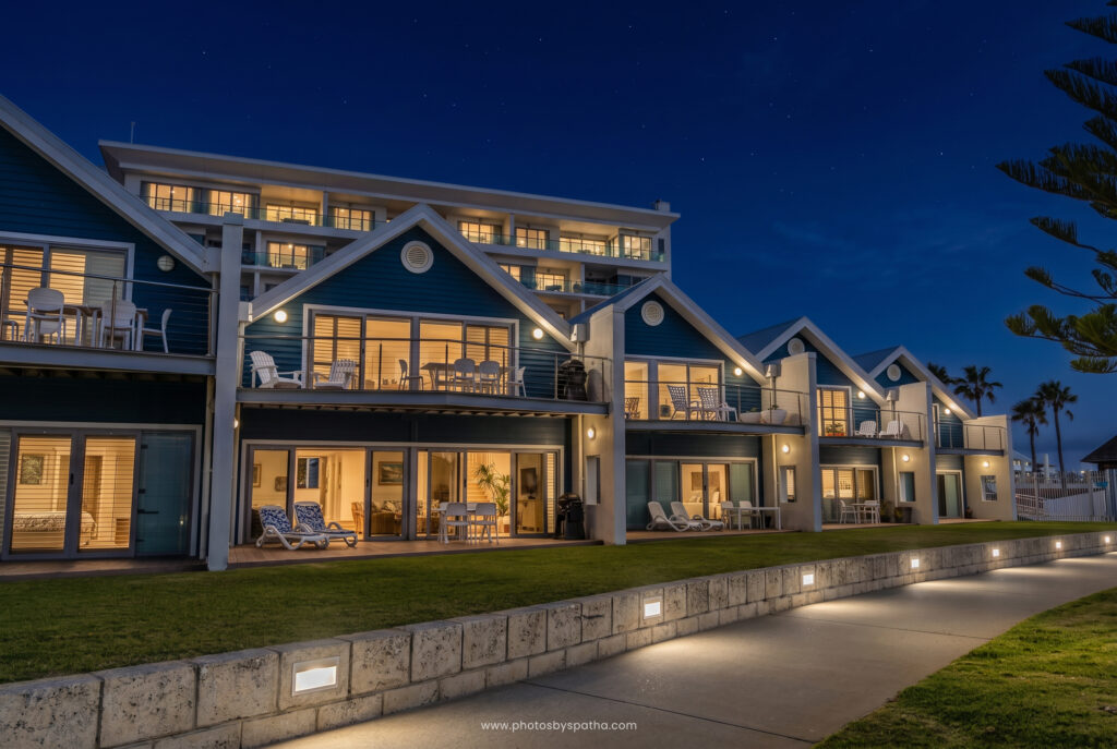 Night exterior of Sea Breeze Villa, Mandurah beachfront Airbnb